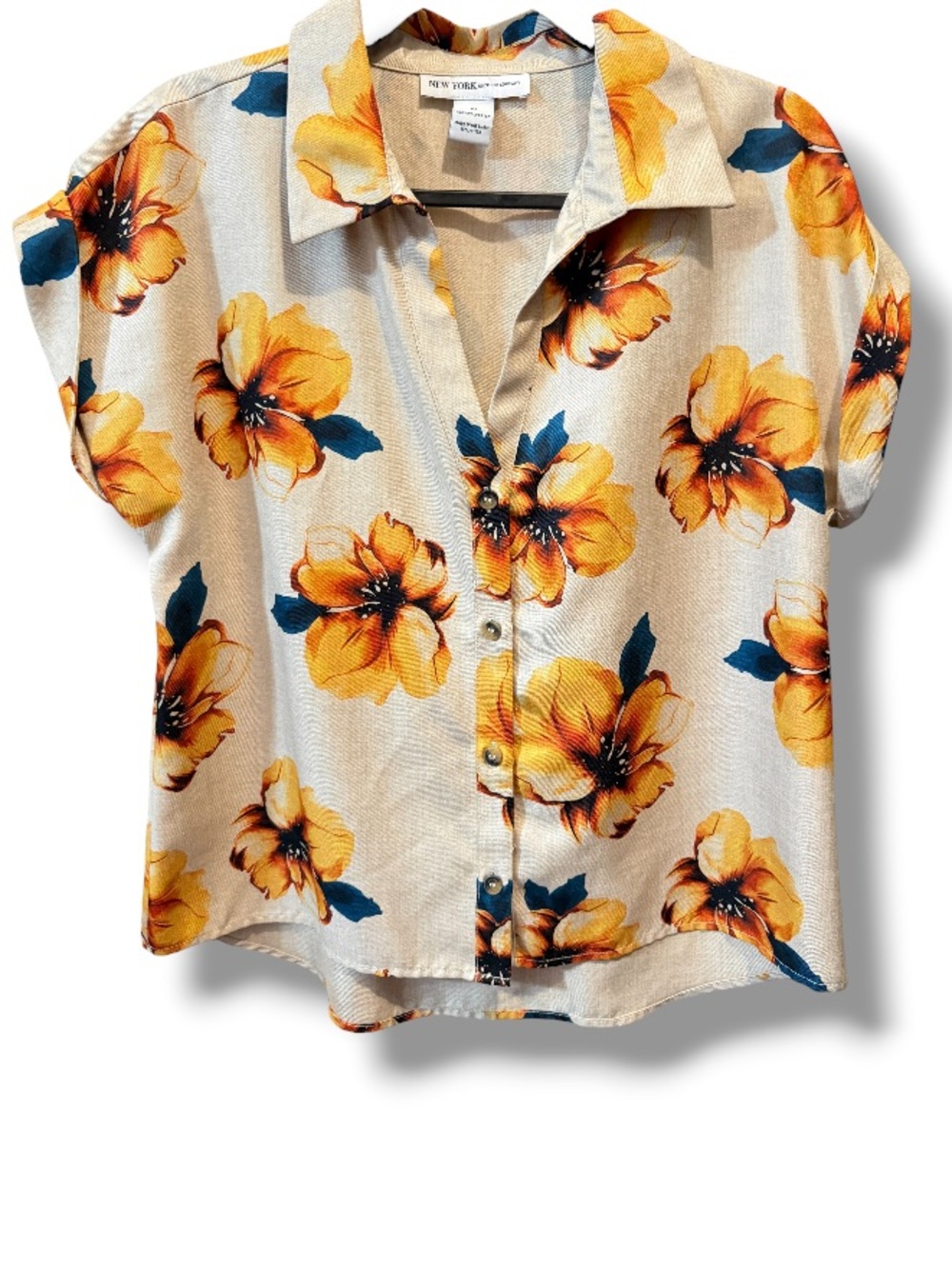 New York Clothing Company Women’s Collared Beige Blouse Yellow Floral Print